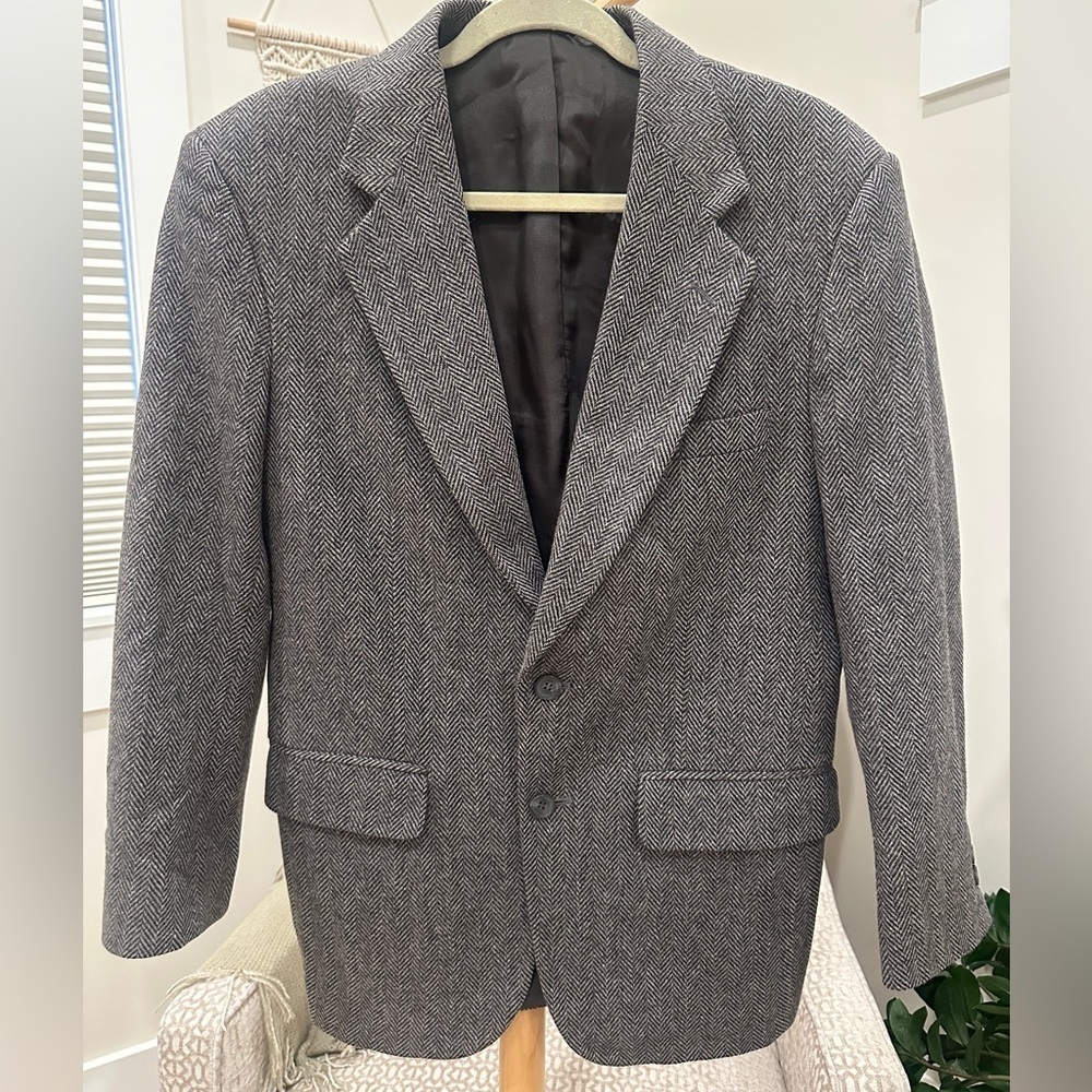 Towncraft Mens Charcoal Herringbone Wool Blazer Jacket, Men 42R, Women XL / XXL